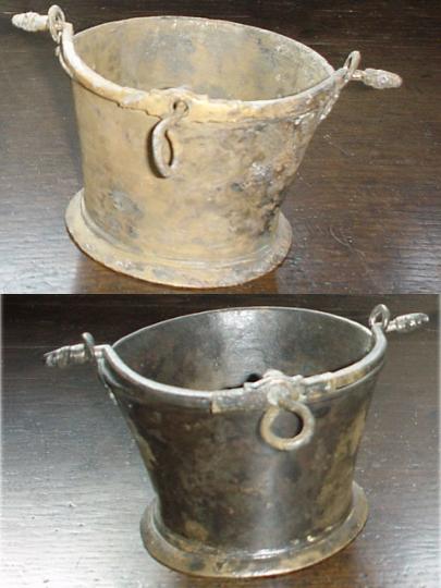 Likely English pair of copper alloy ( bronze ) whale oil cresset lamps from the Punta Cana 1545 shipwreck