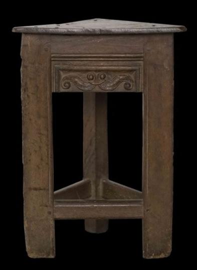 Circa 1500 English Tudor oak triangular 3-legged stool