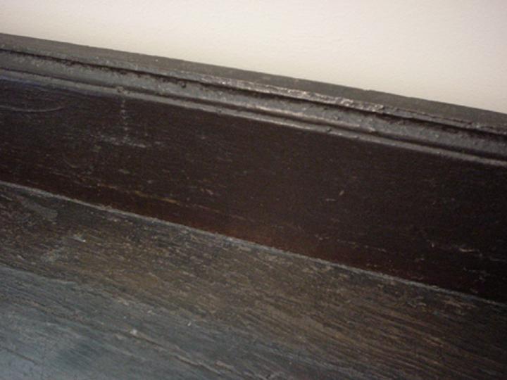 Probably sixteenth century long English oak table. A serving side board with period rear constraining rear panel