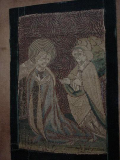 Probably Low Countries medieval needlework of the Angel Gabriel visiting Elizabeth to tell of the birth of John the Baptist