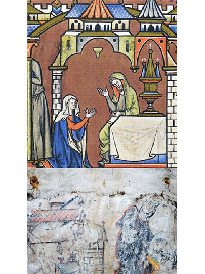 English thirteenth to fifteenth century ceramic cresset from the Maciejowski Bible and a Winchester wall painting - both mid 13th century