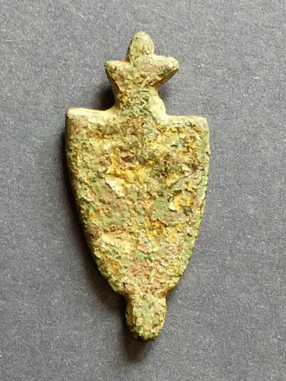 Anglo-Norman Silver Vervel enamelled and gilded with (a colour reversal of) the de Lacy Coat of Arms
--from Low Moor, Clitheroe Castle, Ribble Valley, Lancashire